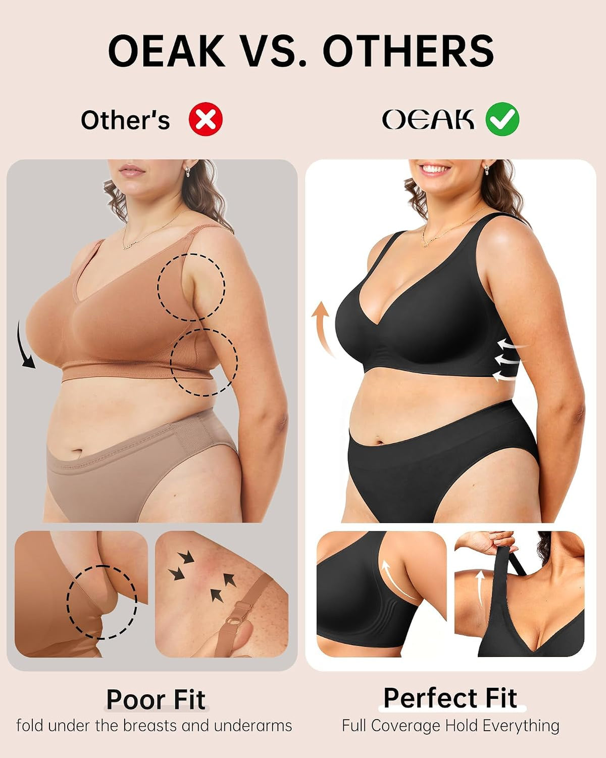 OEAK Womens Jelly Bras Wireless Deep V Comfy Push Up Tshirt Bras BLK M+