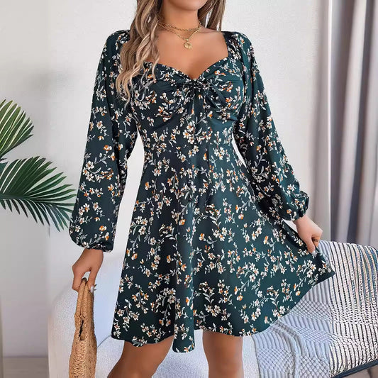Women’s Floral Chiffon Lantern Sleeve Mini Dress