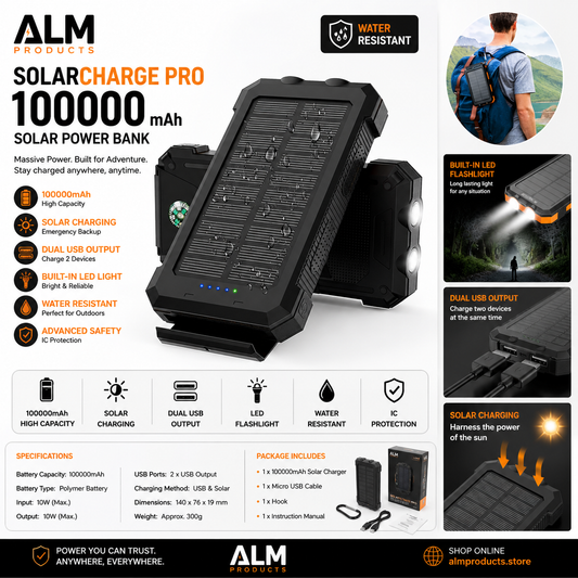 ALM SolarCharge Pro 100000mAh Solar Power Bank
