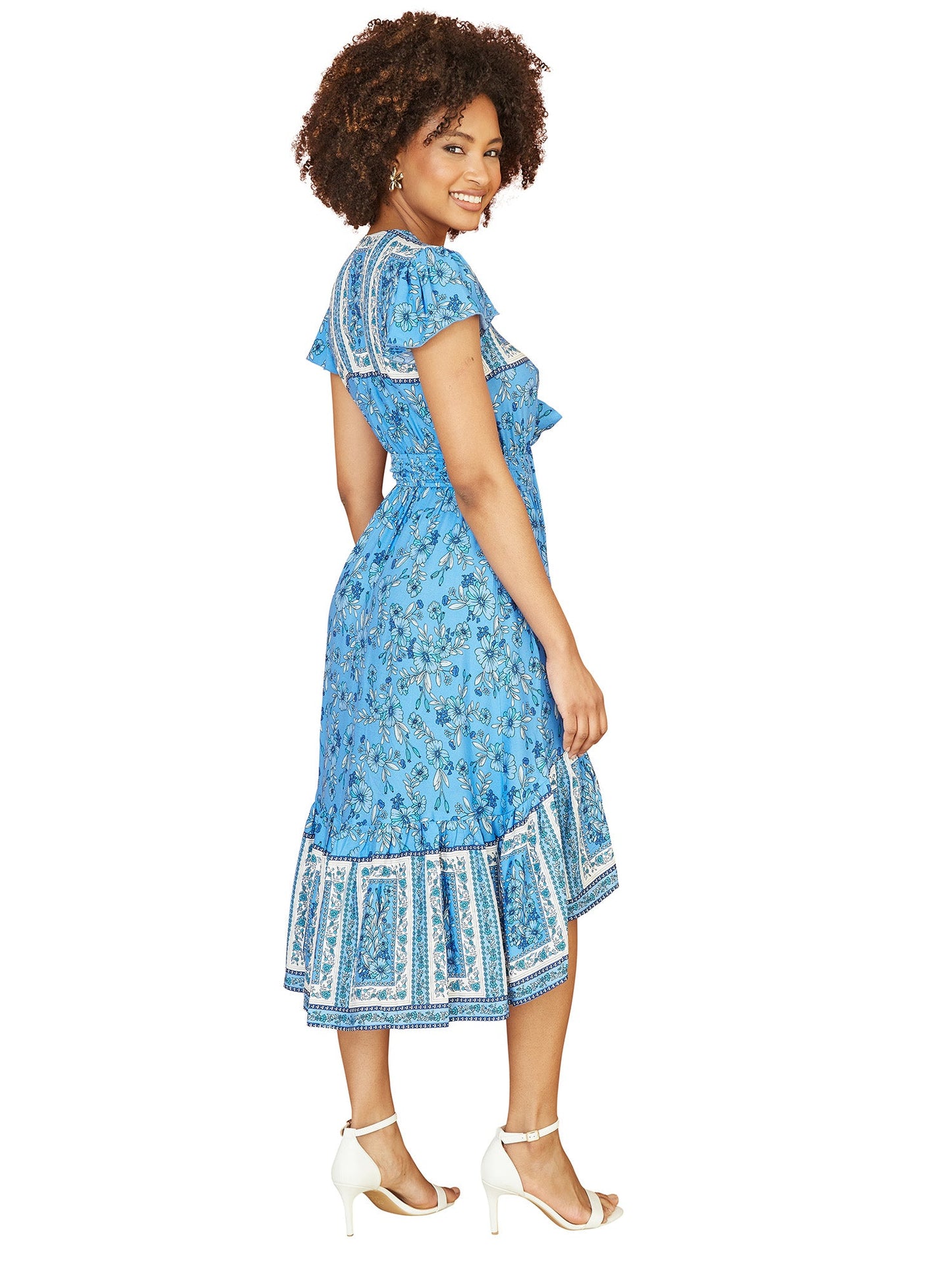 Mela Blue Ditsy Print Sun Dress With Cross Over Back Tie Front And Dip Hem