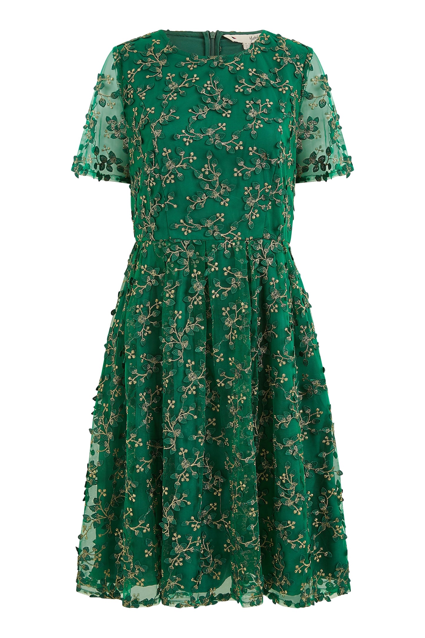 Yumi Green Embroidered Floral Skater Dress