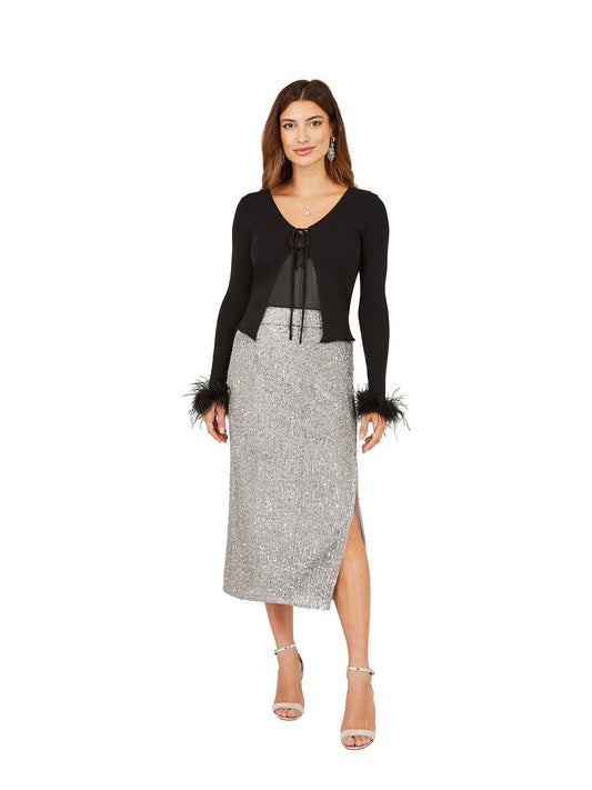 Yumi Black Ribbed Bolero With Feather Cuffs