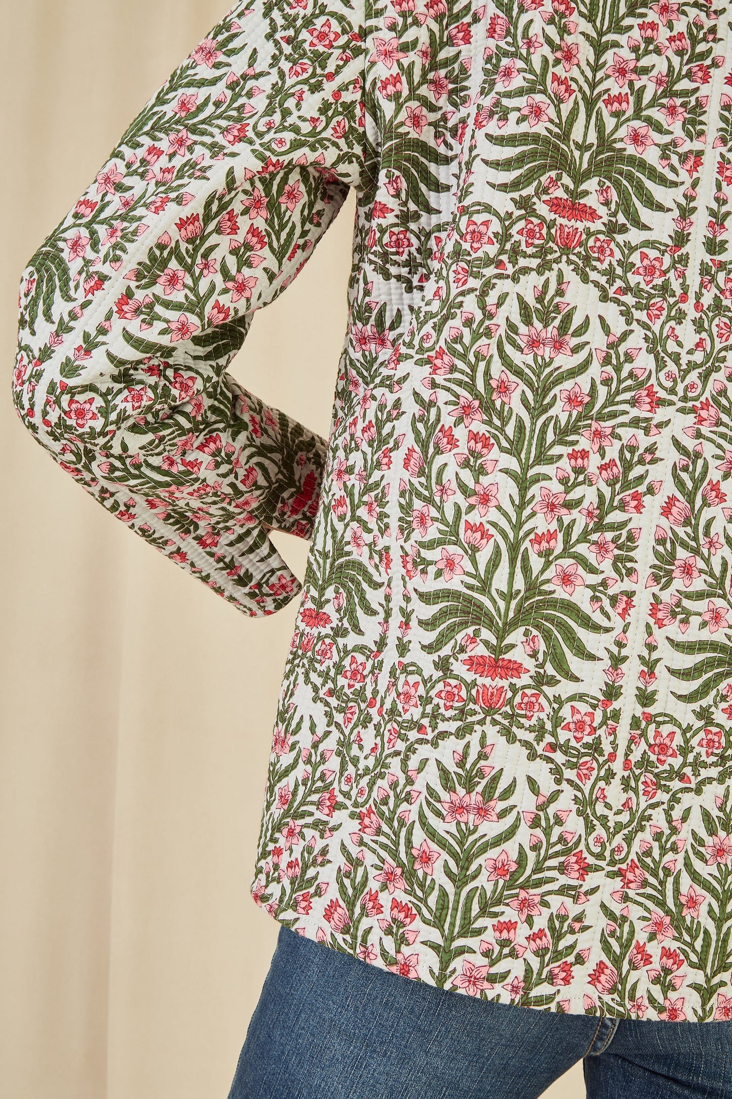 Yumi Pink Floral Print Reversible Cotton Quilted Jacket