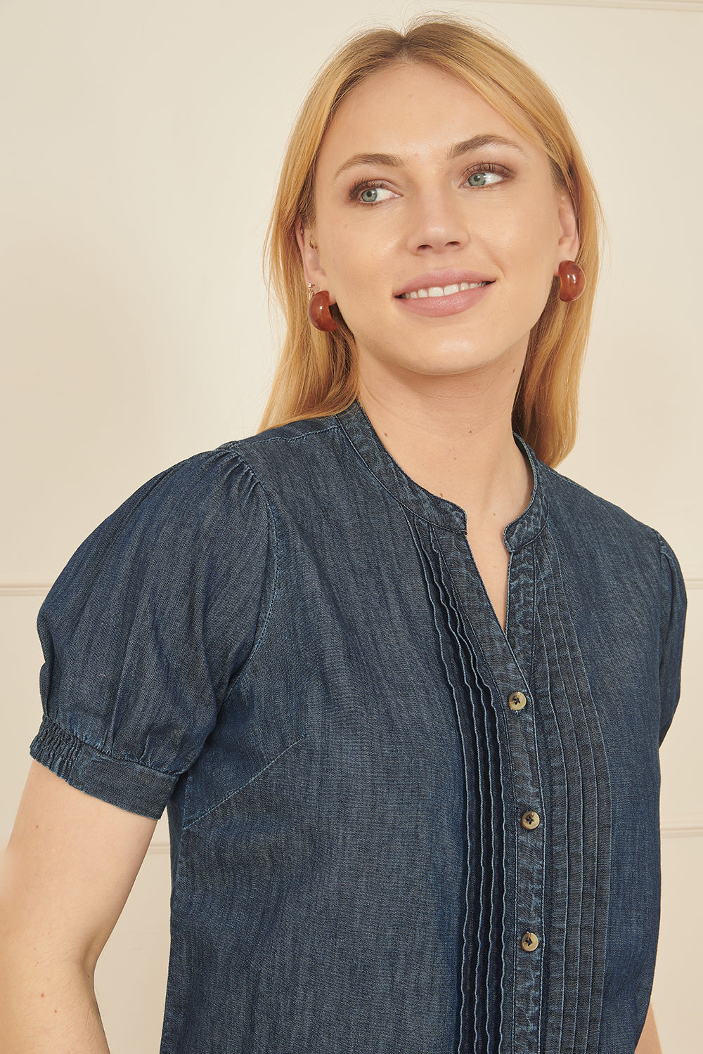 Yumi Blue Chambray Pleated Denim Shirt