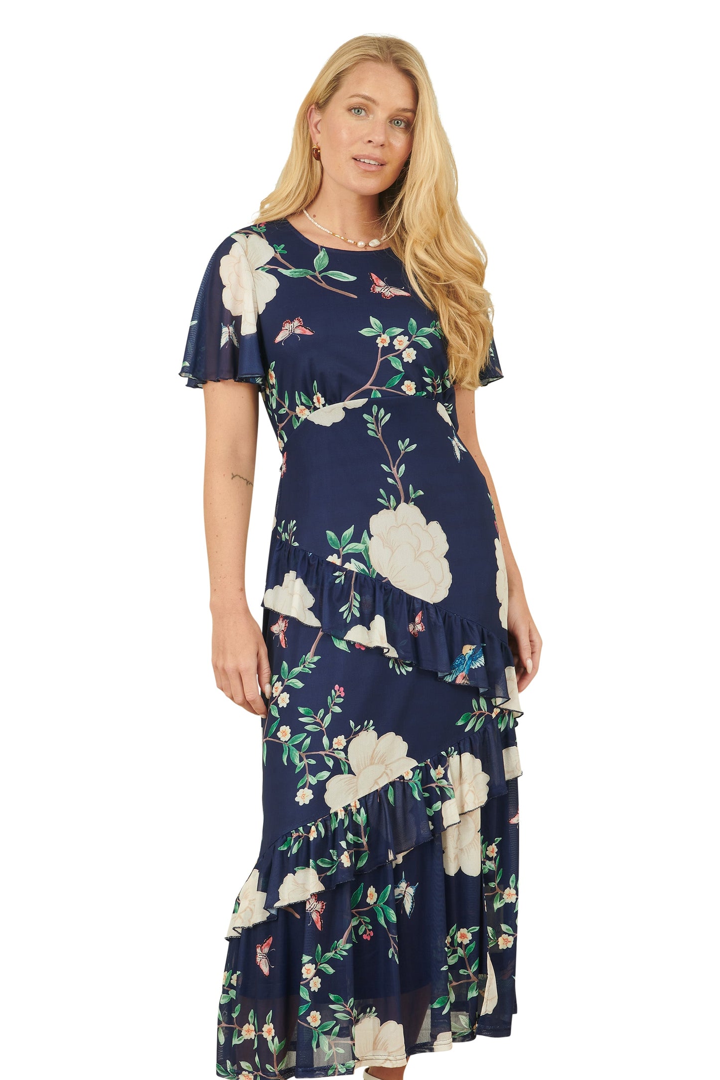 Yumi Navy Mesh Bird And Floral Print Midi Dress With Ruffles