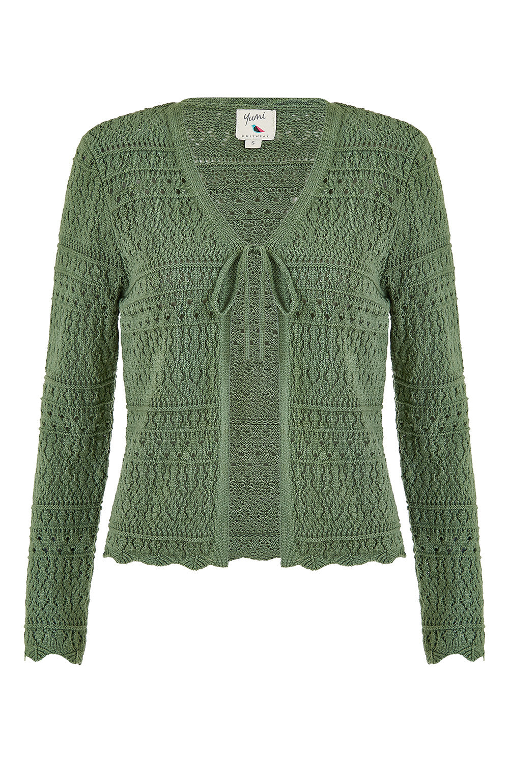 Yumi Green Crochet Tie Front Cardigan