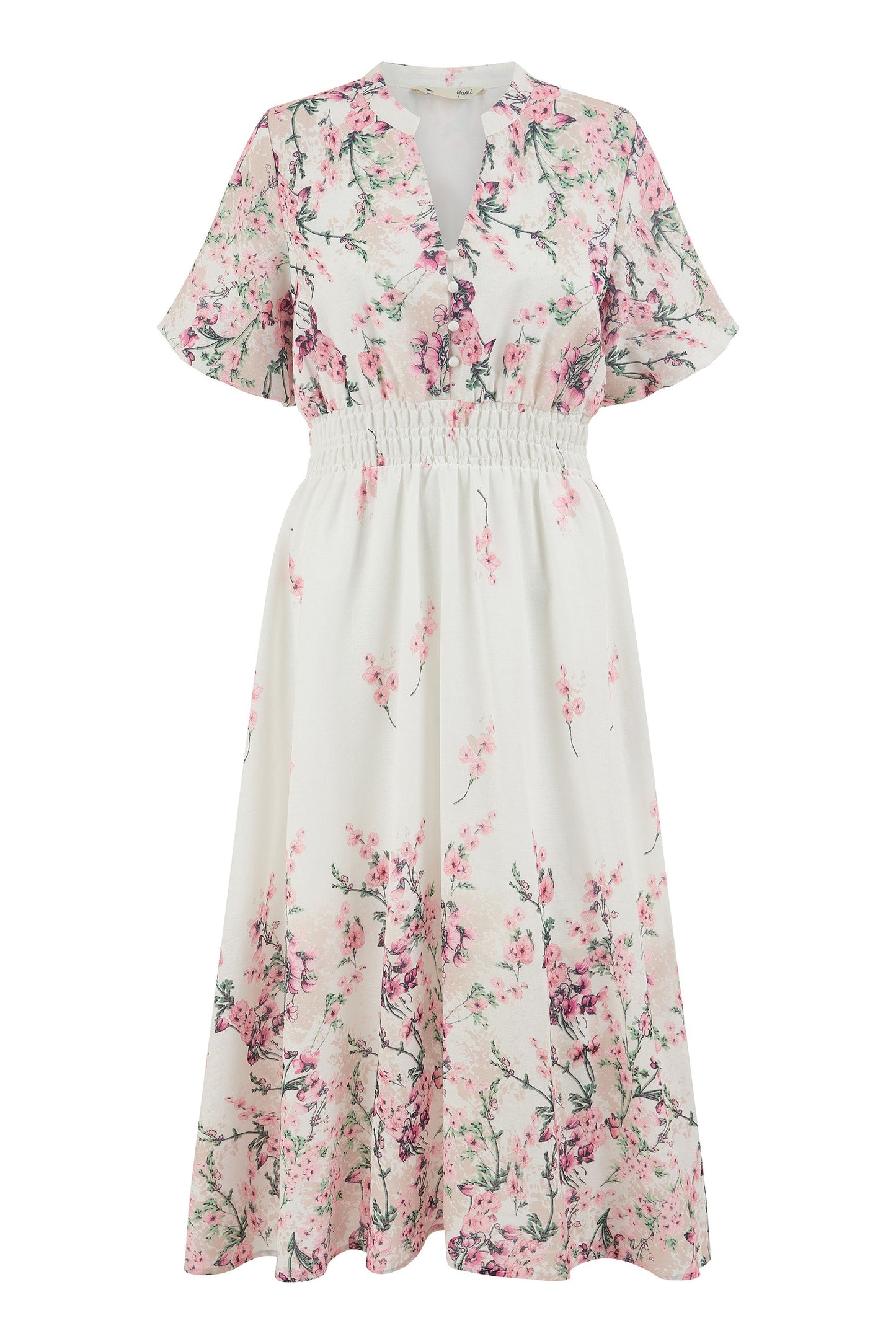Yumi White Mirrored Floral Button Up Midi Dress With Ruched Waist