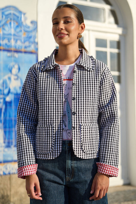Yumi Black Gingham Frill Collar Jacket