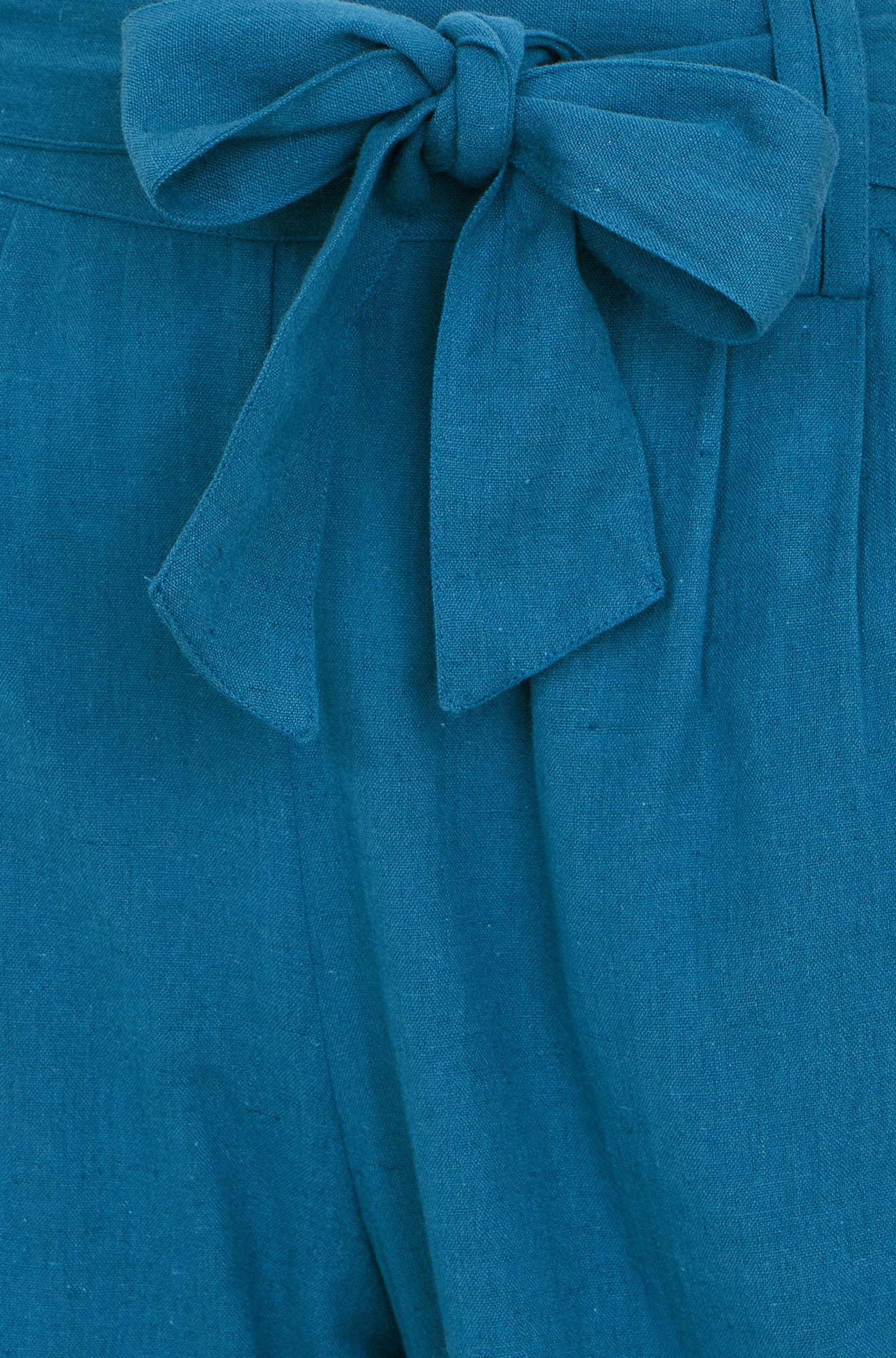 Yumi Teal Linen Mix Cropped Trousers With Tie Belt