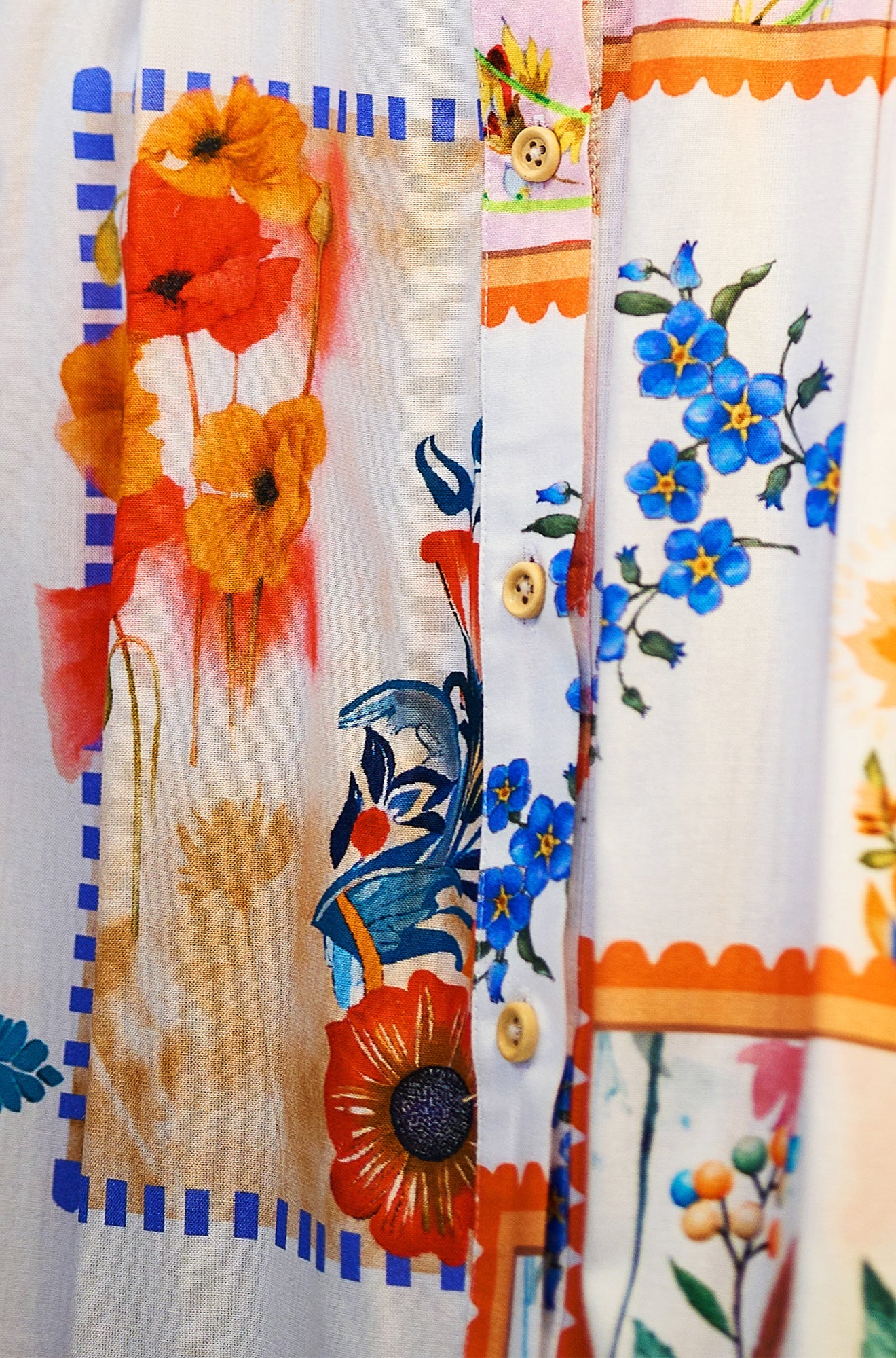 Yumi Ivory Tropical Postcard Print Relaxed Midi Shirt Dress