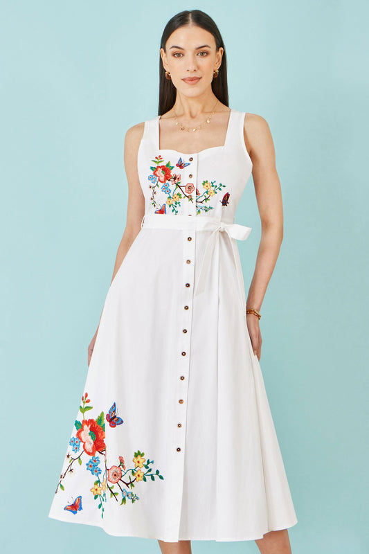 Yumi White Cotton Midi Dress With Embroidery
