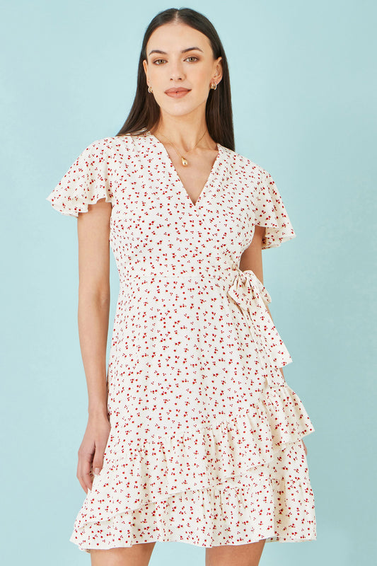 Women’s Yumi White Ditsy Print Frill Wrap Dress