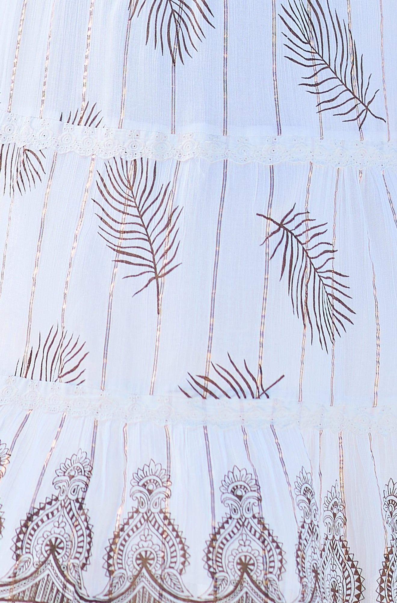 Yumi Ivory Foil Print Midi Sun Dress With Lace Trims