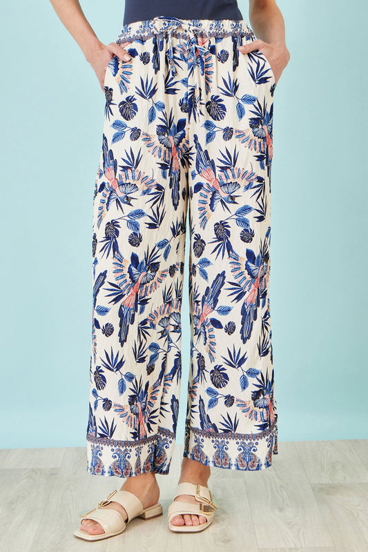 Yumi Blue Bird Print Viscose Wide Leg Trousers