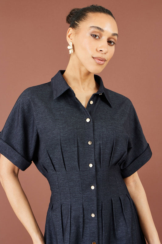 Women’s Yumi Navy Stretch Midi Shirt Dress