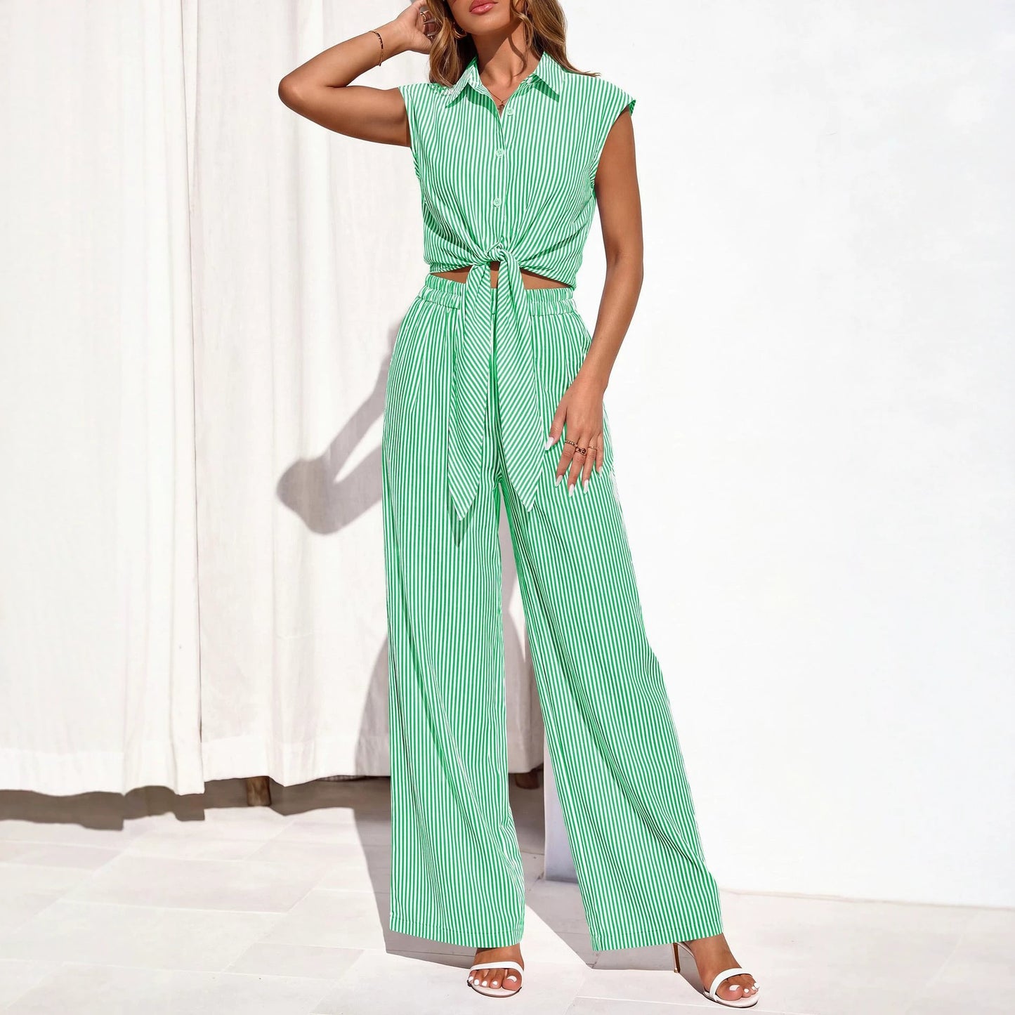 Women’s Striped Buttoned Shirt and Pants Set