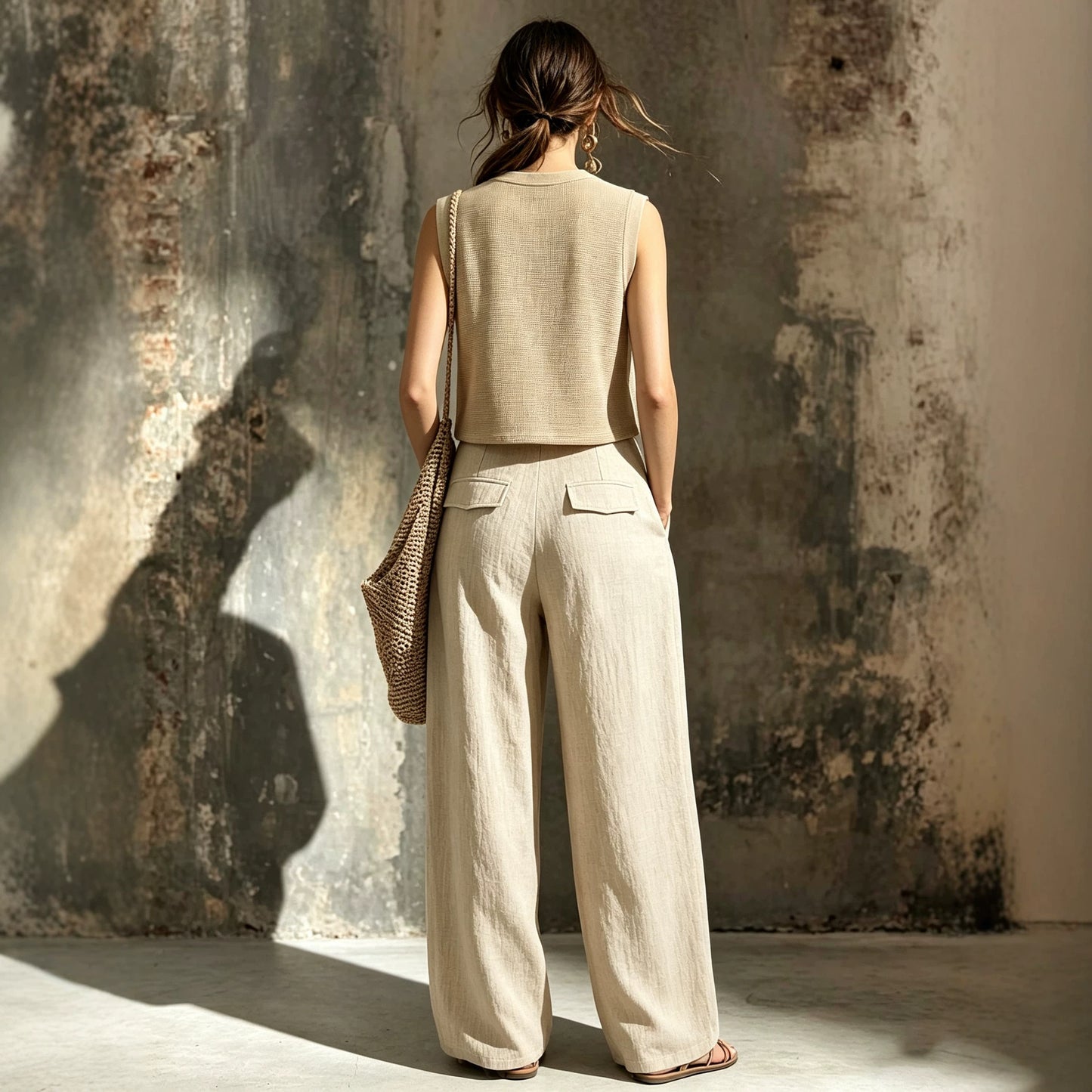 Women’s Khaki Sleeveless Linen-Style Trouser Set