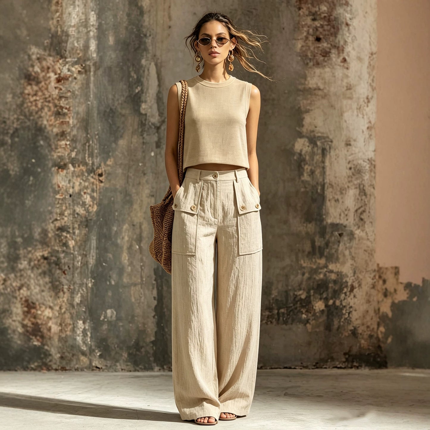 Women’s Khaki Sleeveless Linen-Style Trouser Set