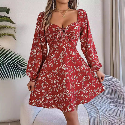 Women’s Floral Chiffon Lantern Sleeve Mini Dress