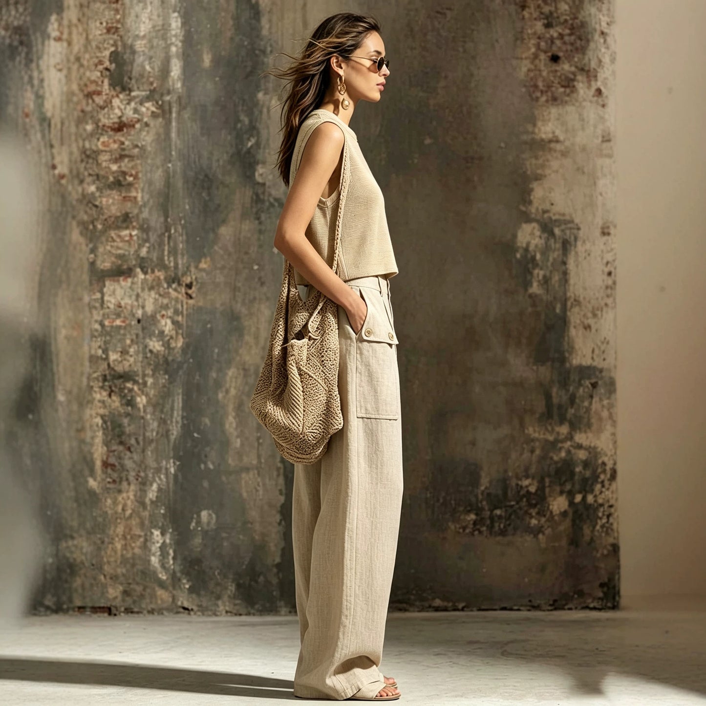 Women’s Khaki Sleeveless Linen-Style Trouser Set