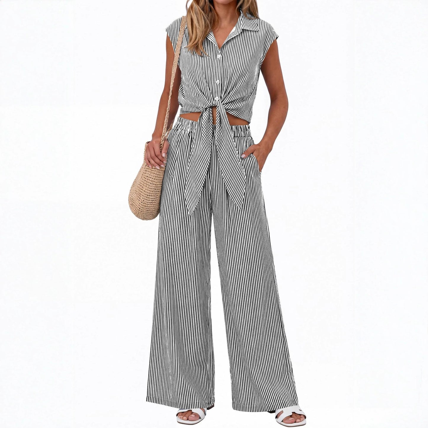 Women’s Striped Buttoned Shirt and Pants Set