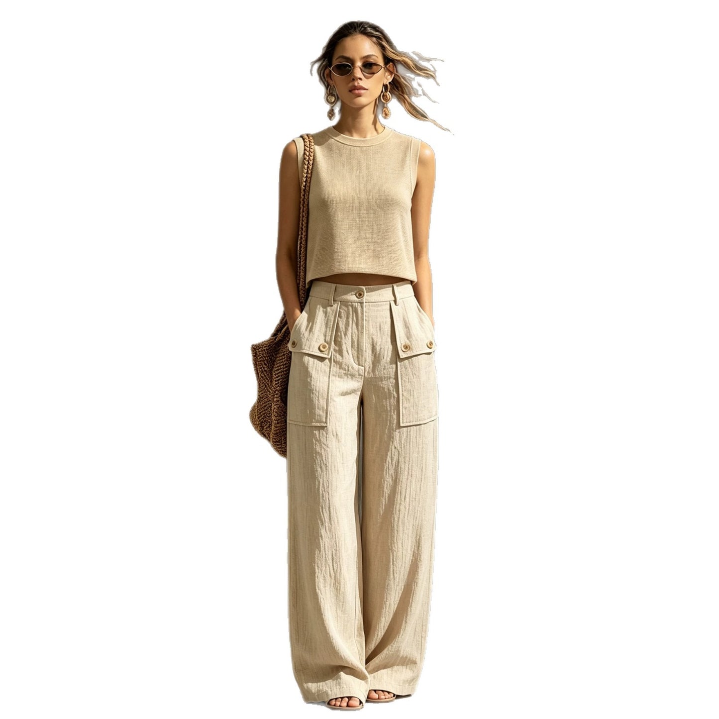 Women’s Khaki Sleeveless Linen-Style Trouser Set