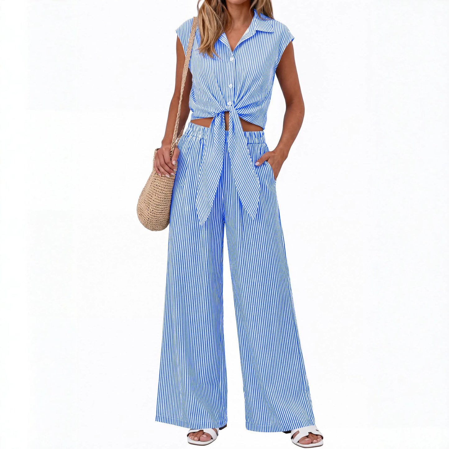 Women’s Striped Buttoned Shirt and Pants Set