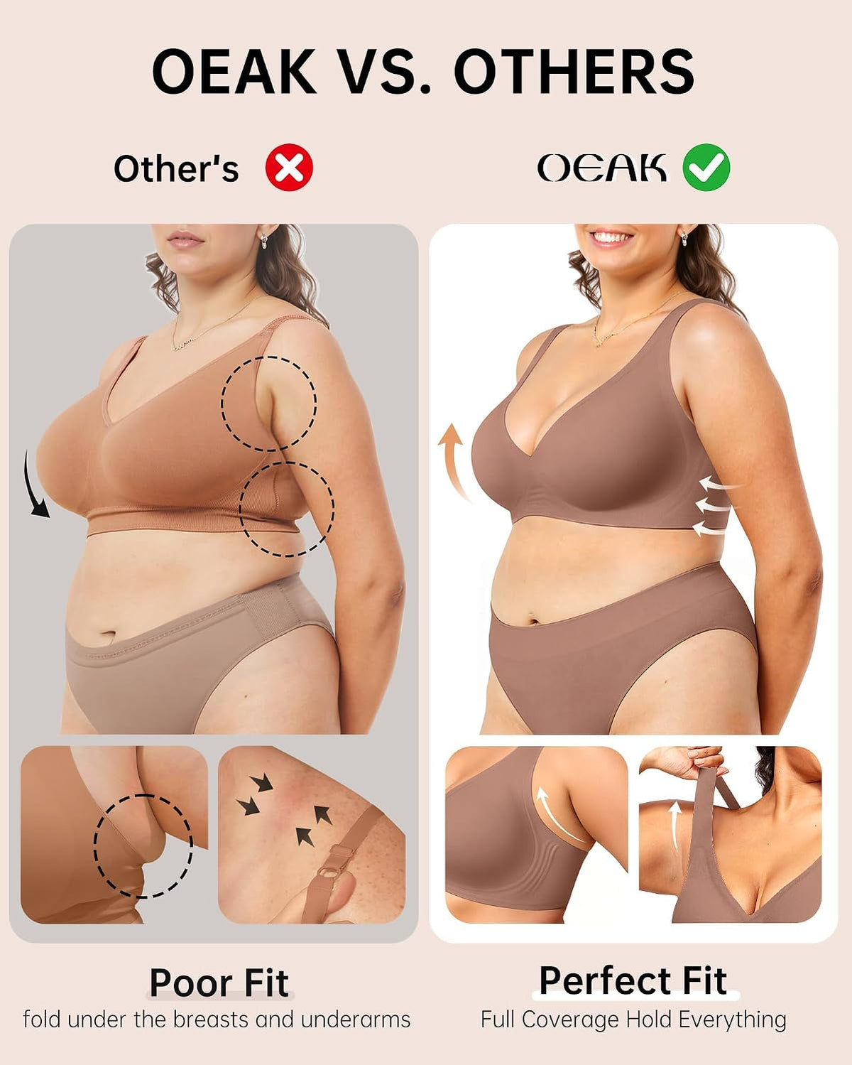 OEAK Womens Jelly Bras Wireless Deep V Comfy Push Up Tshirt Bras L+ Coffee