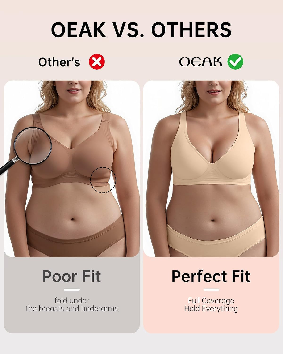OEAK Womens Jelly Bras Wireless Deep V Bralette Comfy Push Up Tshirt Bras, Beige, S+