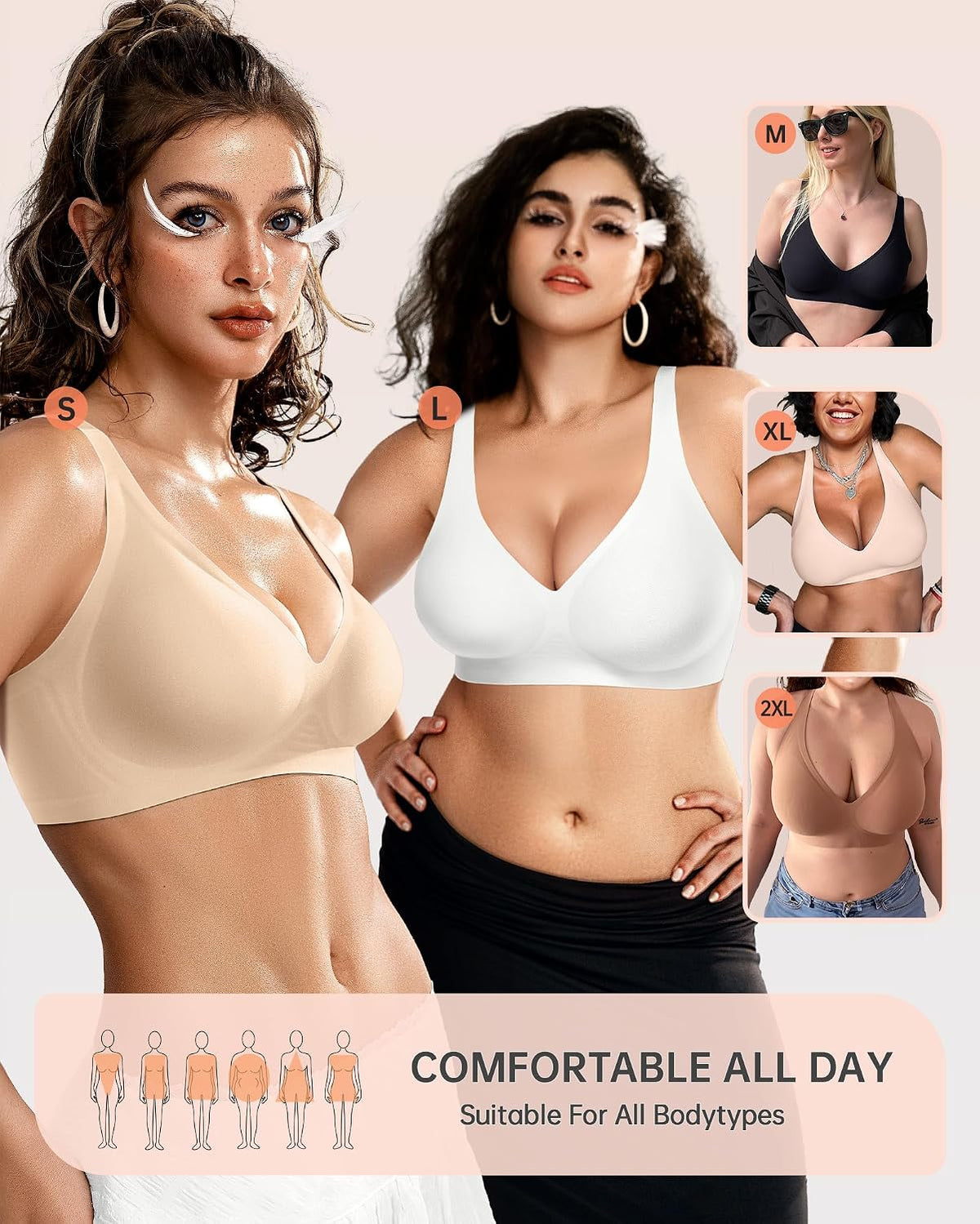 OEAK Womens Jelly Bras Wireless Deep V Bralette Comfy Push Up Tshirt Bras, Beige, S+
