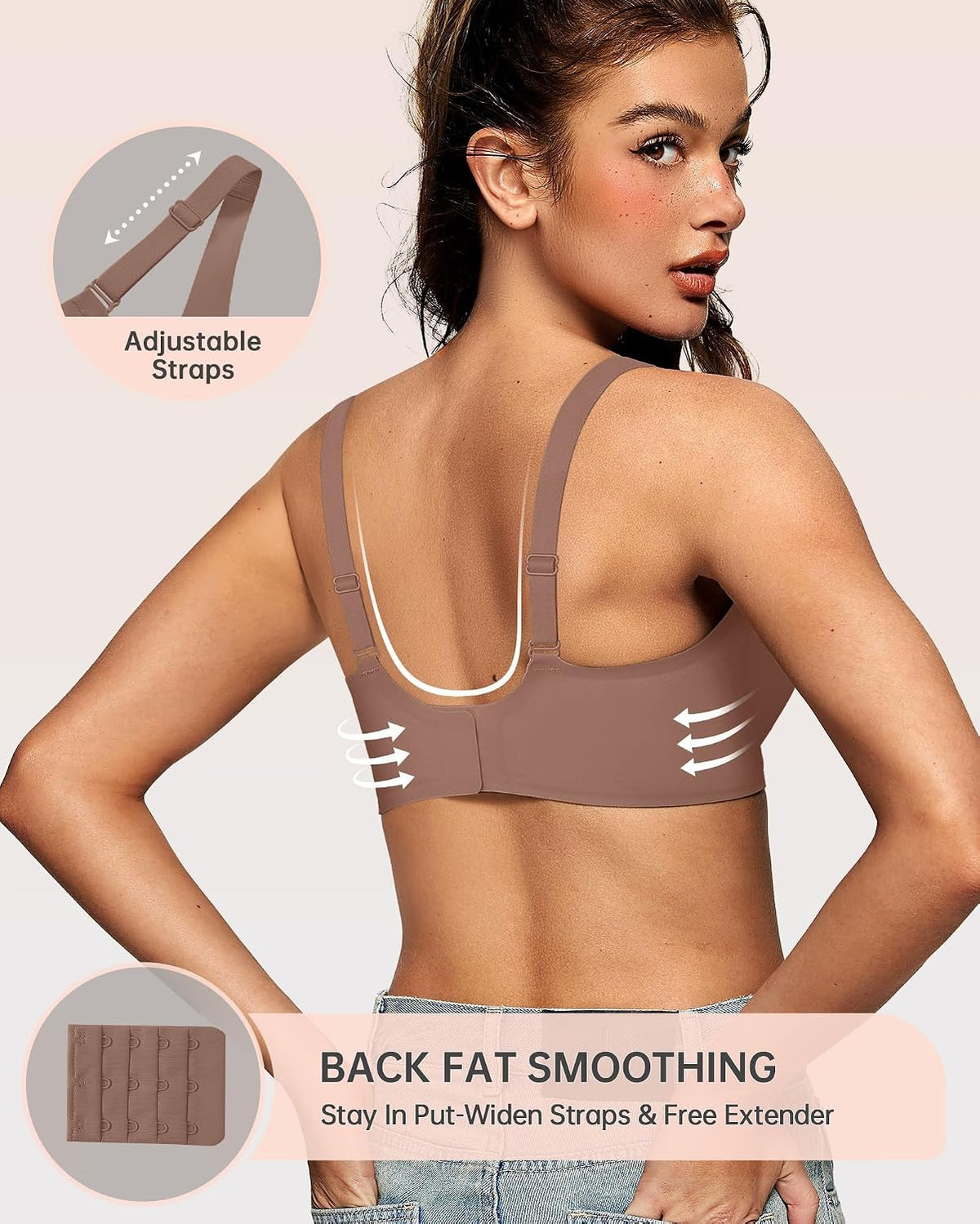 OEAK Womens Jelly Bras Wireless Deep V Comfy Push Up Tshirt Bras L+ Coffee