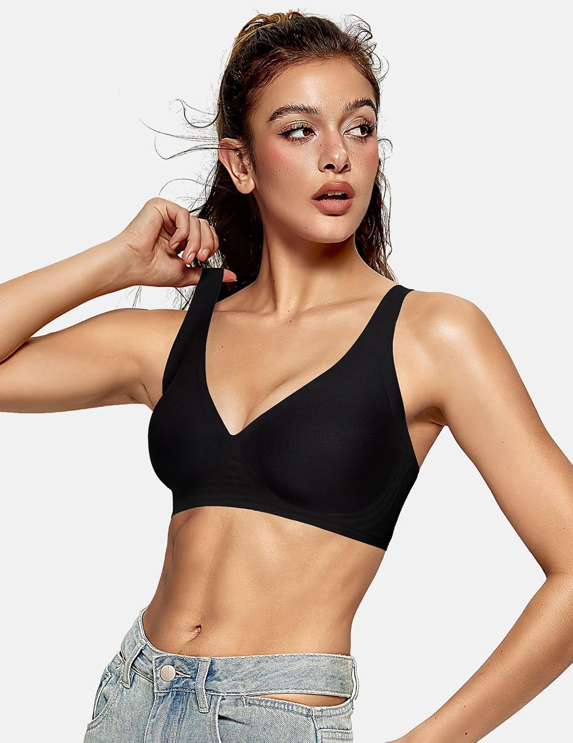 OEAK Womens Jelly Bras Wireless Deep V Comfy Push Up Tshirt Bras BLK M+