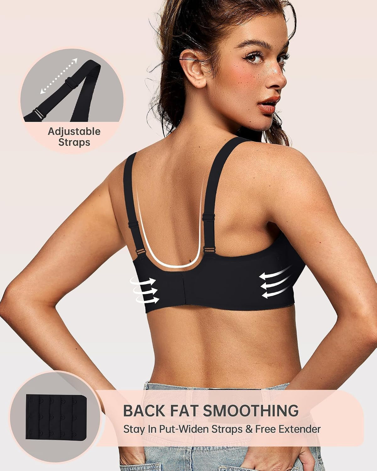 OEAK Womens Jelly Bras Wireless Deep V Comfy Push Up Tshirt Bras BLK M+
