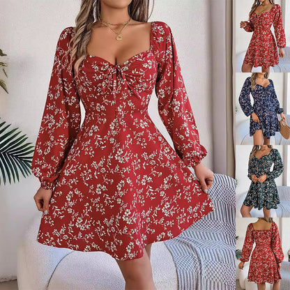 Women’s Floral Chiffon Lantern Sleeve Mini Dress