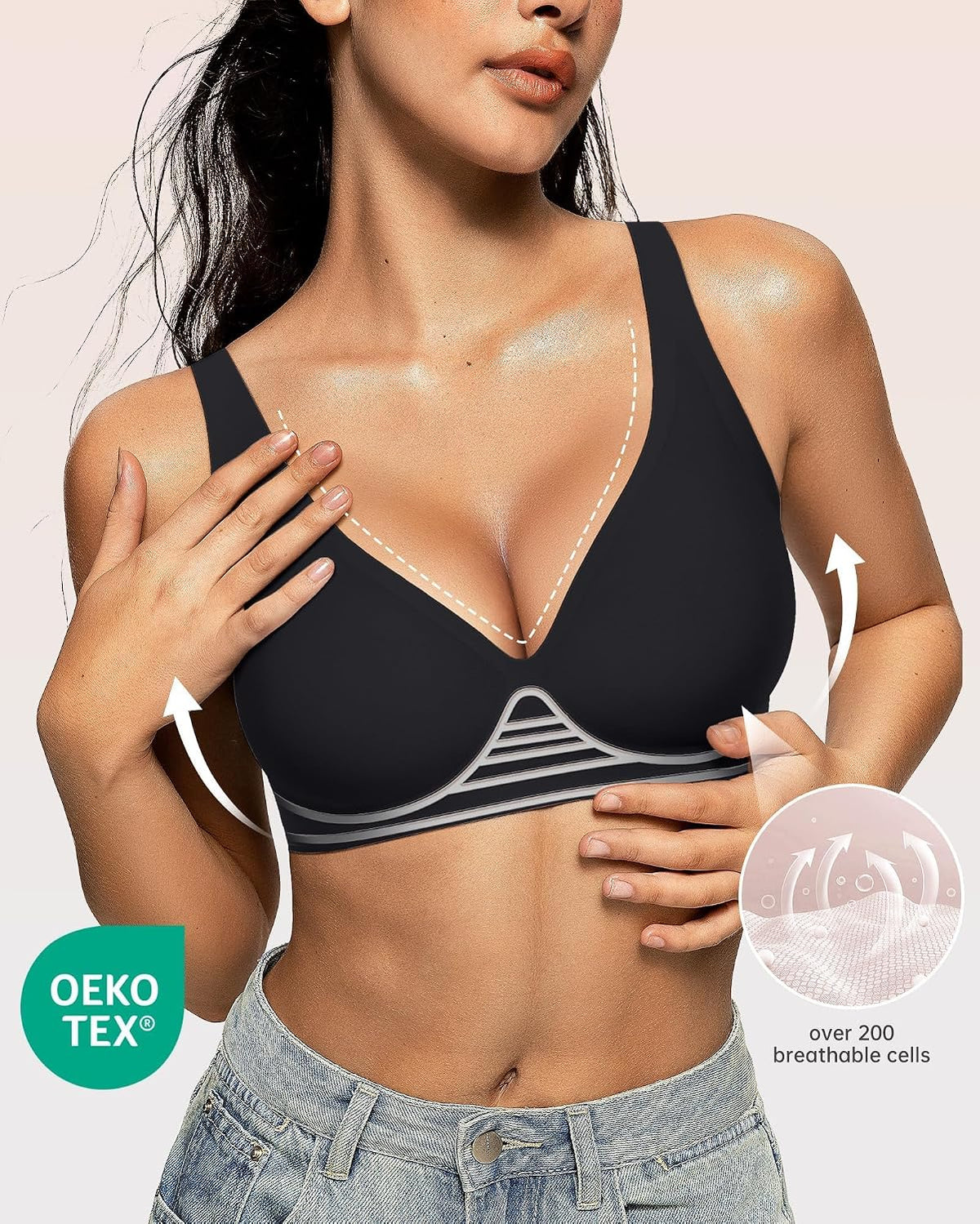 OEAK Womens Jelly Bras Wireless Deep V Comfy Push Up Tshirt Bras BLK M+