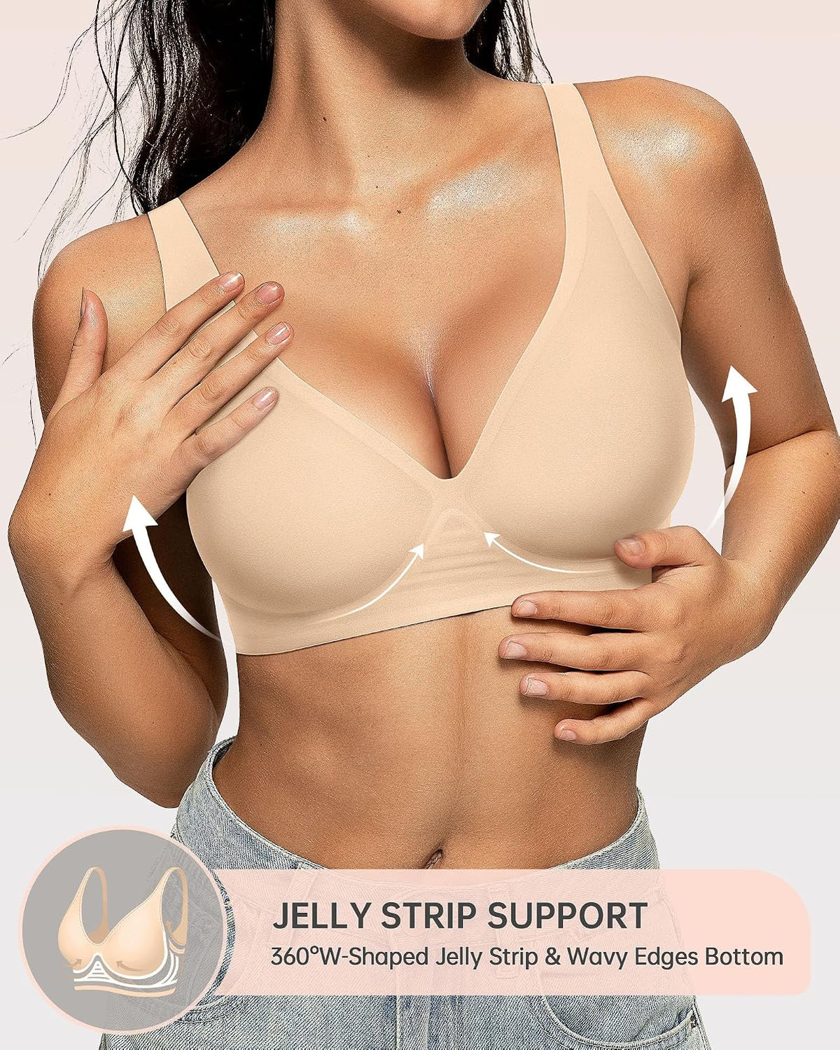 OEAK Womens Jelly Bras Wireless Deep V Bralette Comfy Push Up Tshirt Bras, Beige, S+