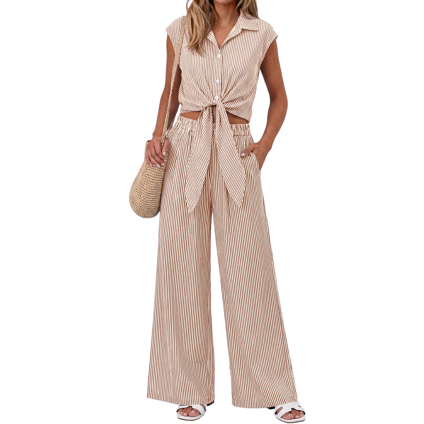 Women’s Striped Buttoned Shirt and Pants Set