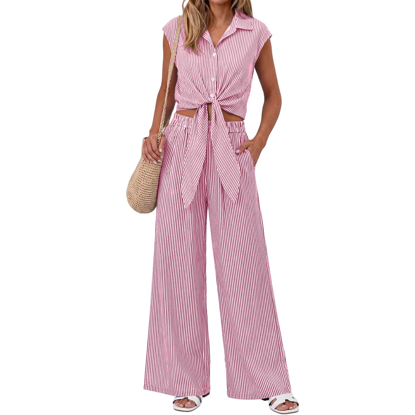 Women’s Striped Buttoned Shirt and Pants Set