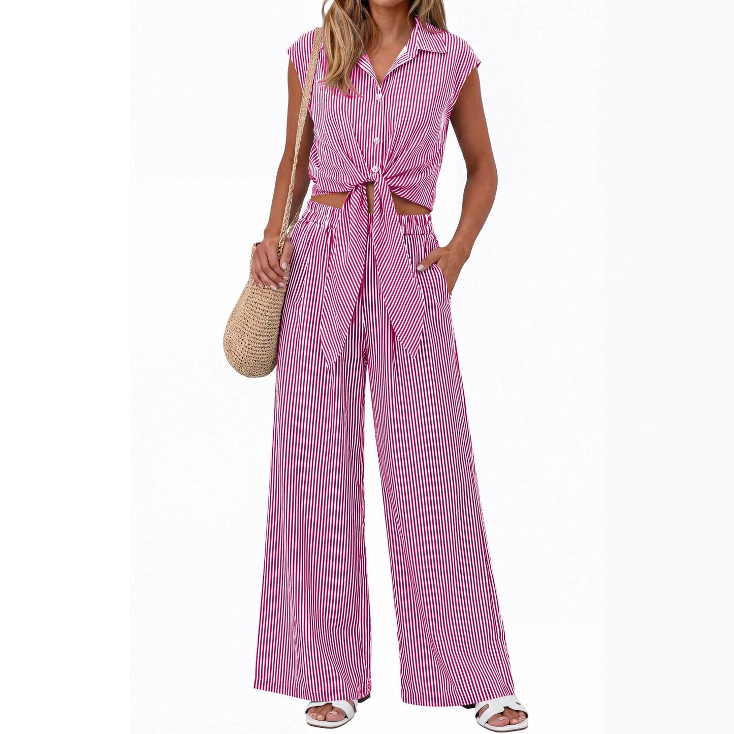 Women’s Striped Buttoned Shirt and Pants Set