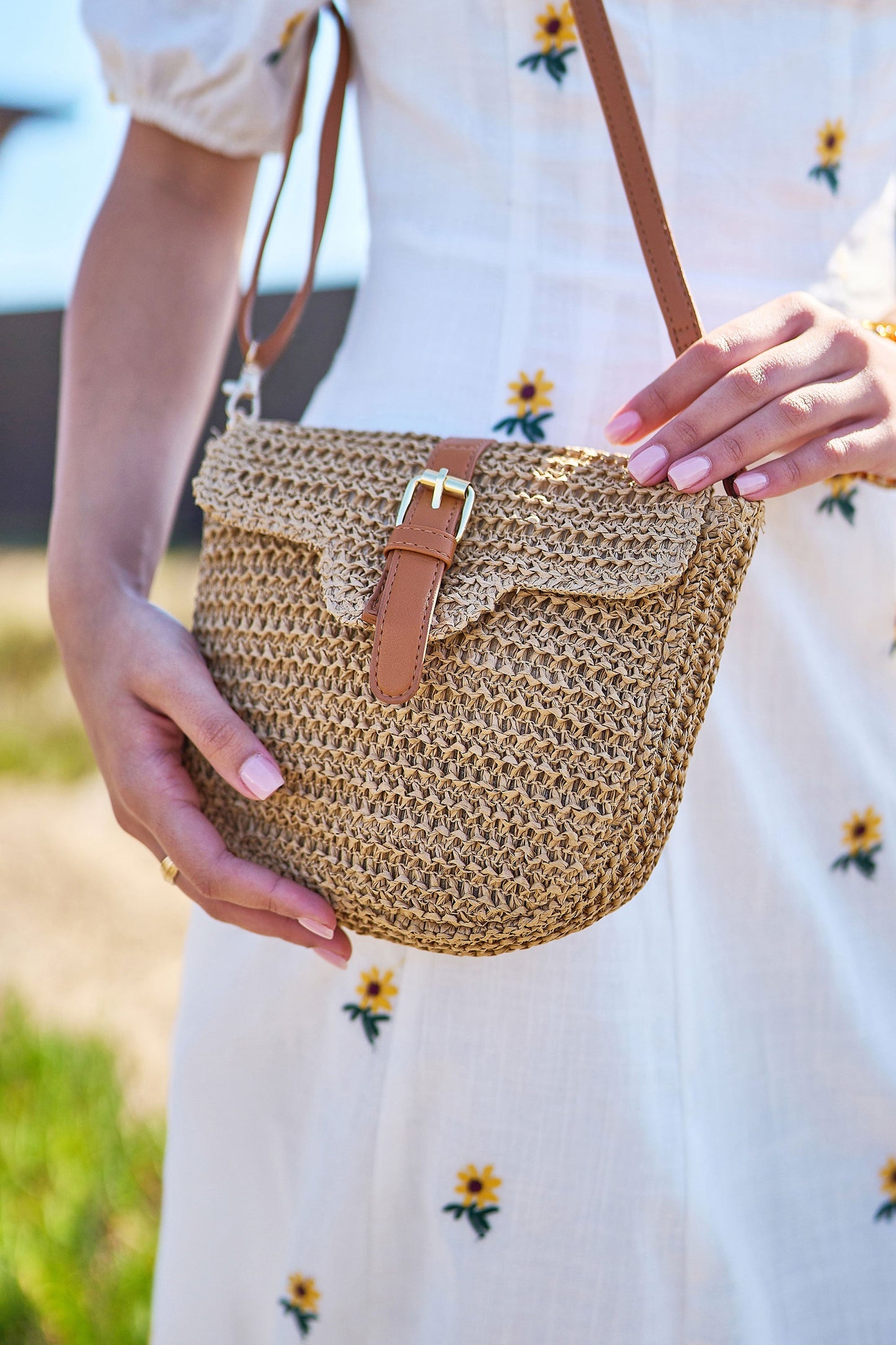 Yumi Brown Woven Rattan Handbag With Buckle
