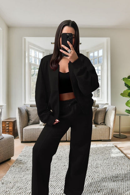 Women’sBomber Oversized Fleece Zipper and Wide Leg Tracksuit
