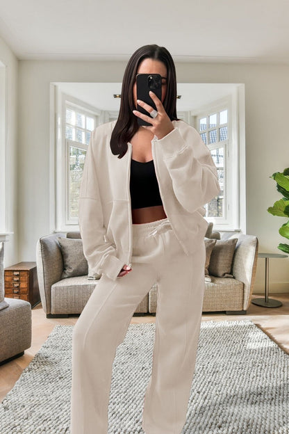 Women’sBomber Oversized Fleece Zipper and Wide Leg Tracksuit