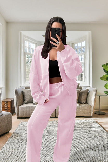 Women’sBomber Oversized Fleece Zipper and Wide Leg Tracksuit