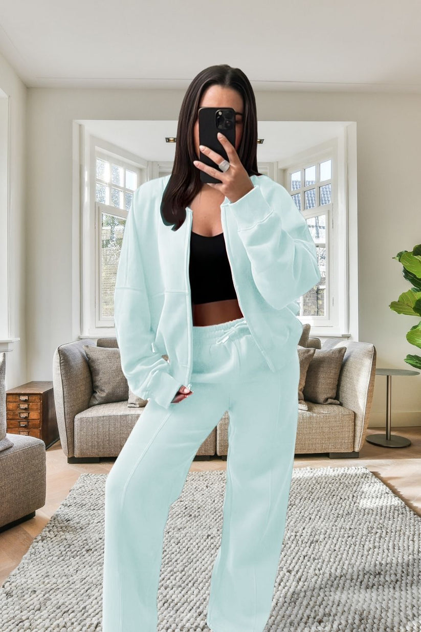 Women’sBomber Oversized Fleece Zipper and Wide Leg Tracksuit