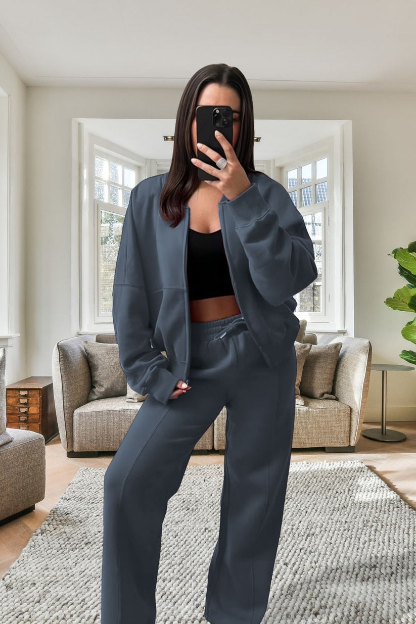 Women’sBomber Oversized Fleece Zipper and Wide Leg Tracksuit