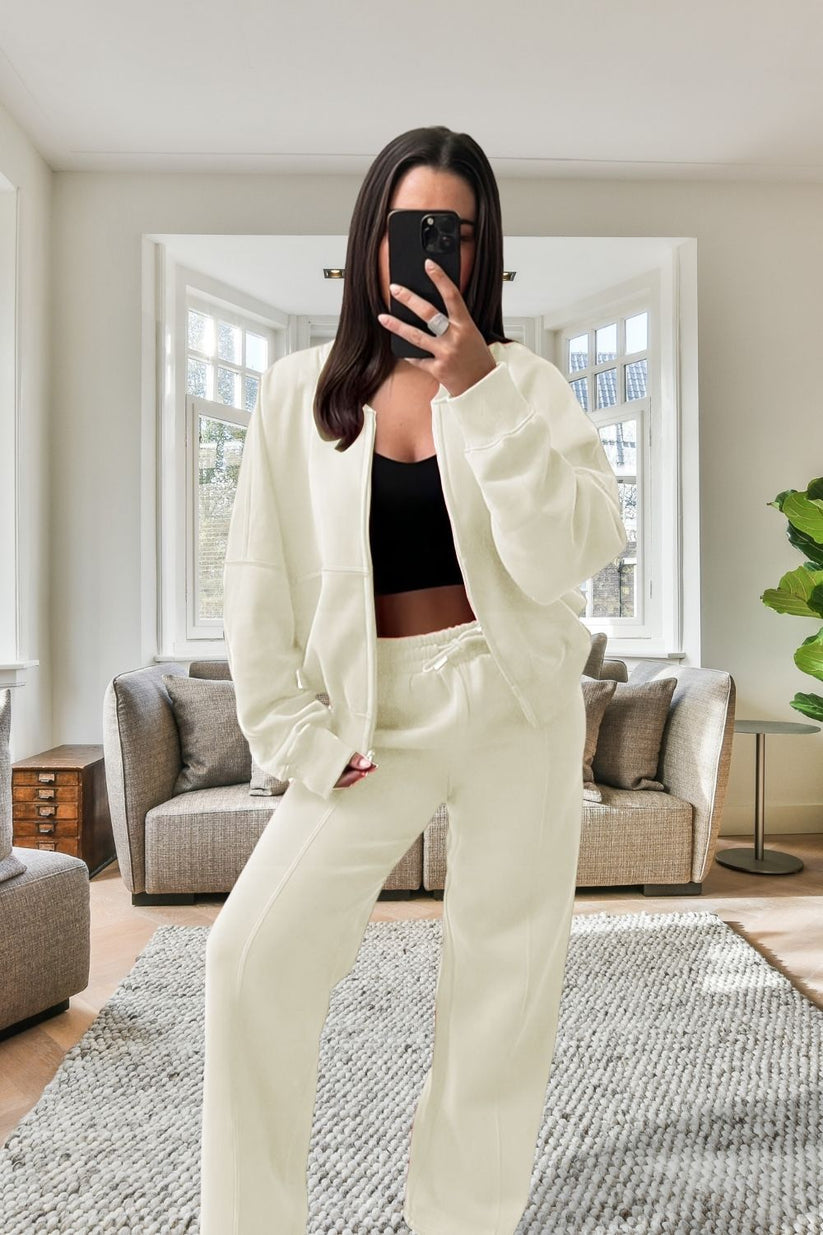 Women’sBomber Oversized Fleece Zipper and Wide Leg Tracksuit