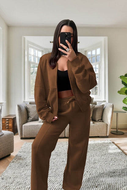 Women’sBomber Oversized Fleece Zipper and Wide Leg Tracksuit