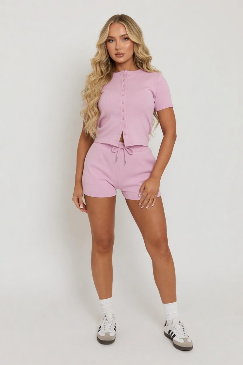 Mae Short Sleeve Rib Button Short Set
