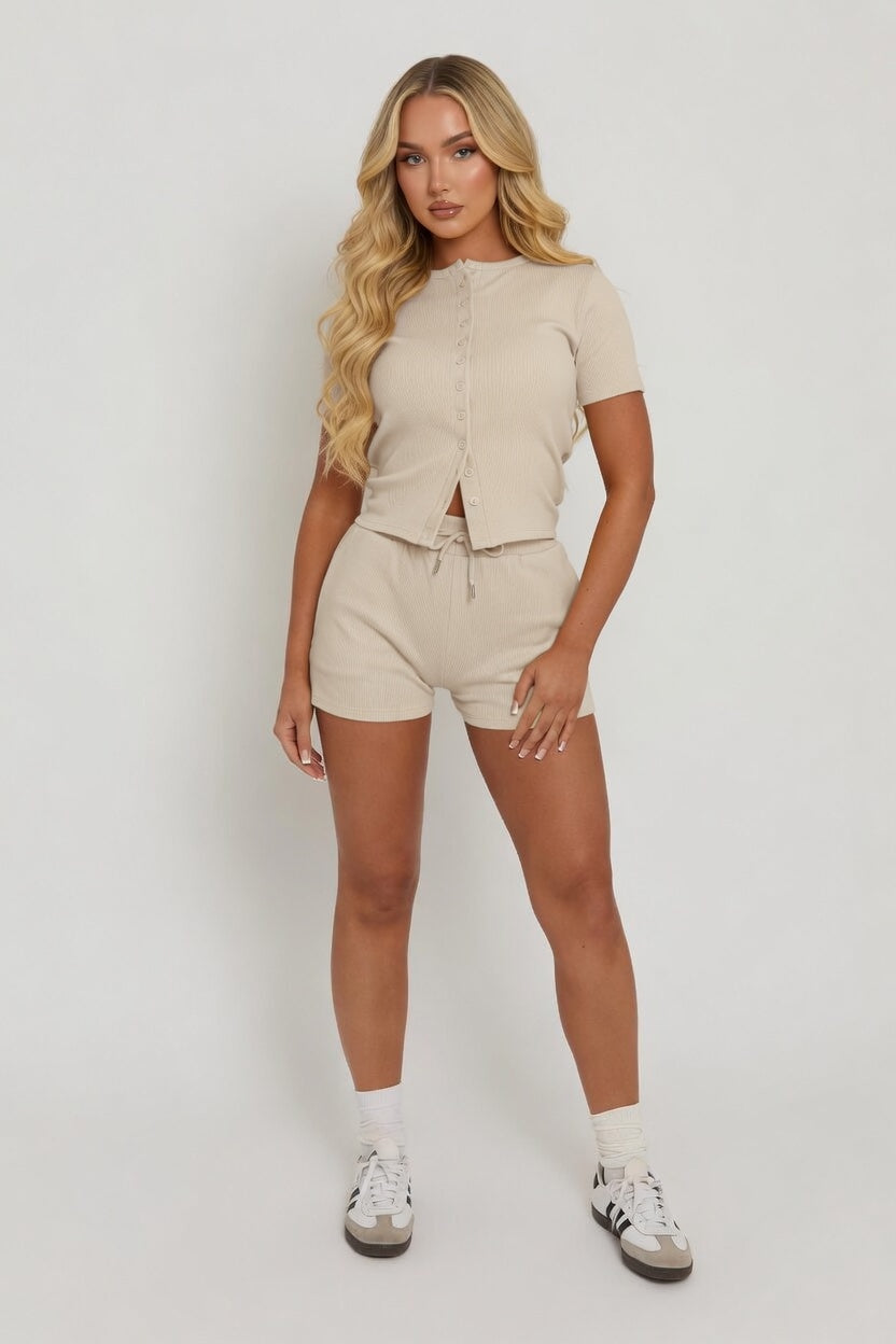 Mae Short Sleeve Rib Button Short Set