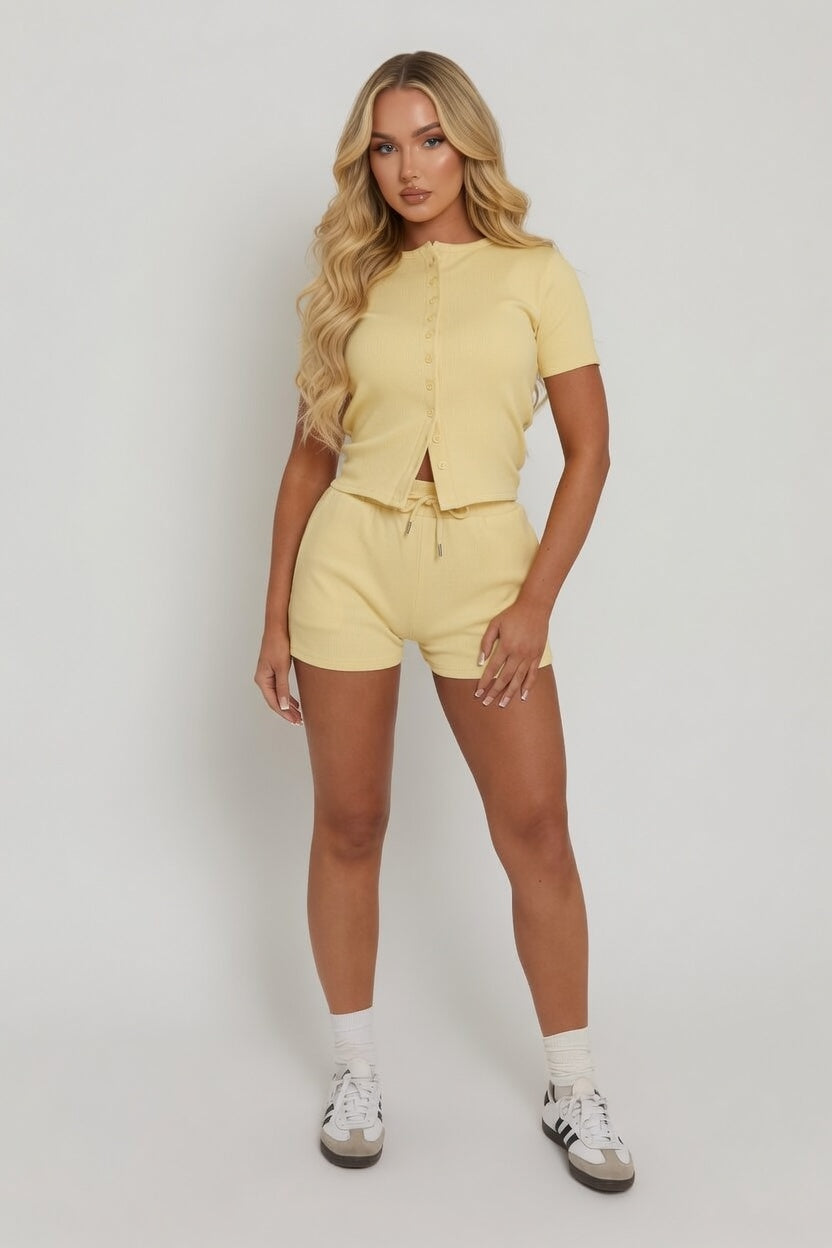 Mae Short Sleeve Rib Button Short Set